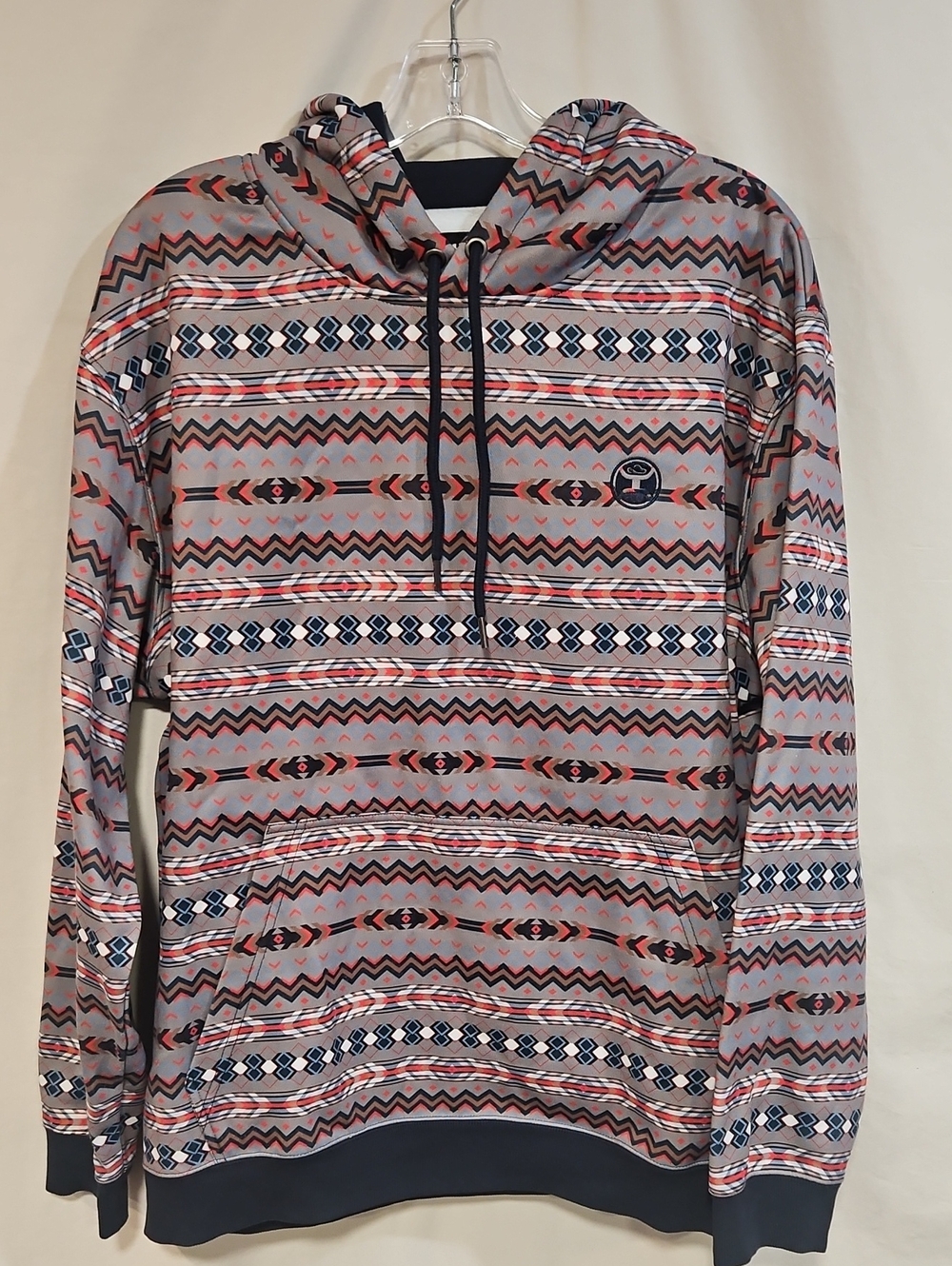 Hooey Gray Aztec-Pattern Pullover Hoodie with Navy & Coral Accents